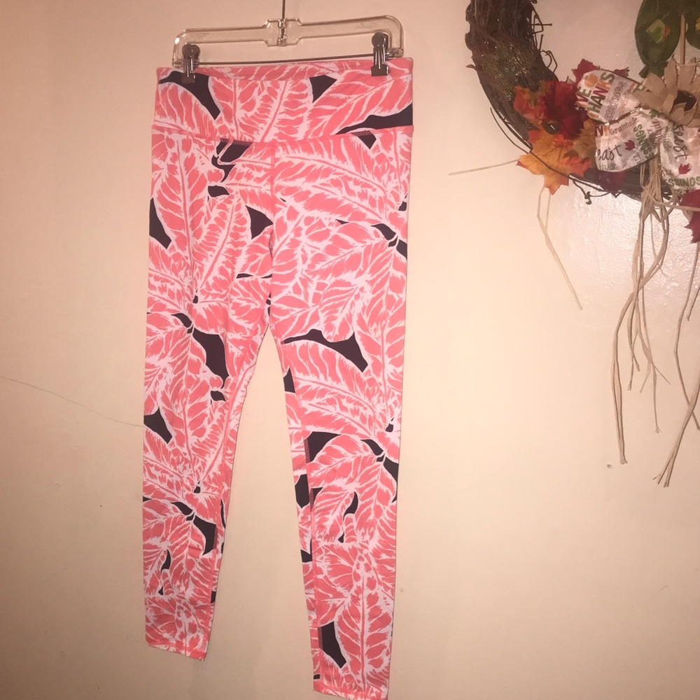 ALO Yoga Pink Leaf Print Leggings with Black Accents